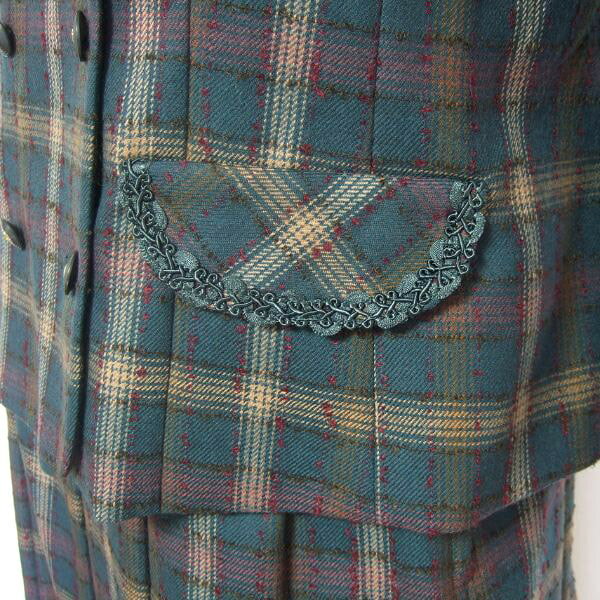 美品【中古】レリアン Leilian スカートスーツ 表記 9号 M 38号 相当 古着 青緑系 レディース 秋 冬 秋冬 毛100 ウール セットアップ 2点セット クラシカル チェック 日本製 大人 女性 50代 60代 ミセス