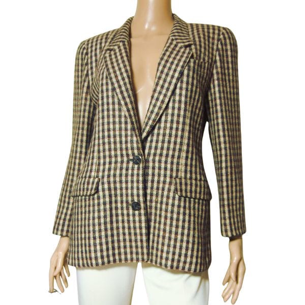 美品【中古】レリアン Leilian テーラードジャケット ジャケット 表記 9号 М 38号 相当 古着 茶 ブラウン レディース 秋 冬 秋冬 アウター 毛 ウール 絹混 シルク チェック クラシカル 大人 女性 50代 60代