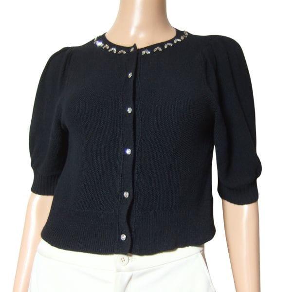 美品【中古】セルフォード CELFORD ニットカーディガン カーディガン 羽織り 表記 F フリー 小さい 小さいサイズ S 7号 36号 相当 古着 黒 ブラック レディース 春 夏 春夏 秋 ビジュー 5分袖 ショート丈 綿混 コットン 大人 女性 20代 30代 40代