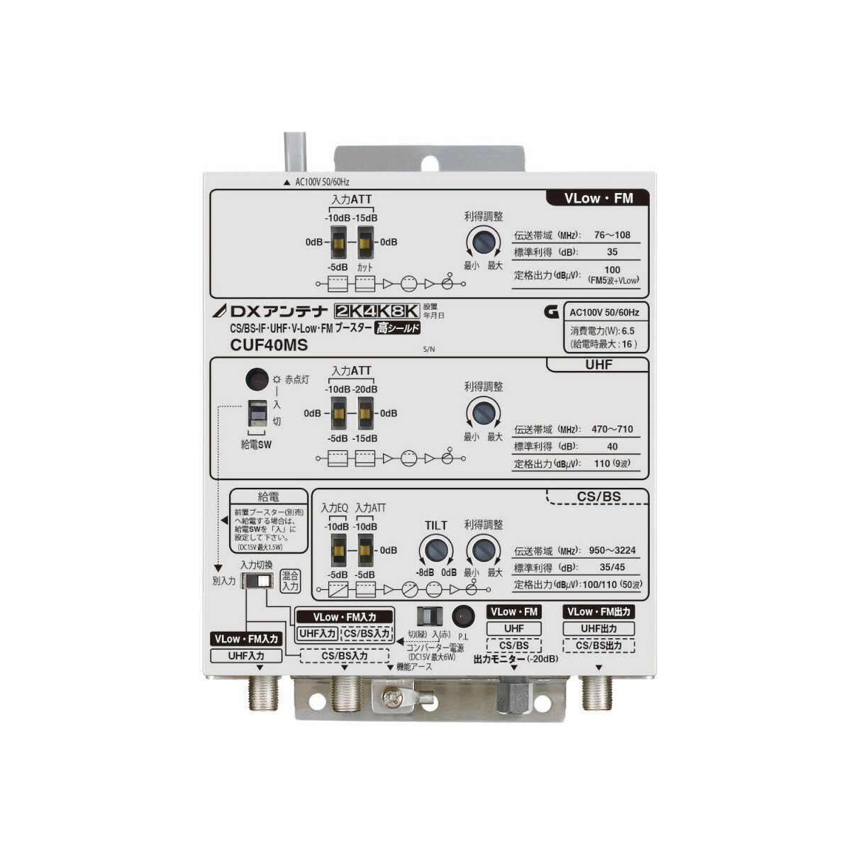 〔送料無料〕 DXアンテナ 2K・4K・8K対応 CS/BS-IF・UHF・V-Low・FMブースター （40dB形） CUF40MS