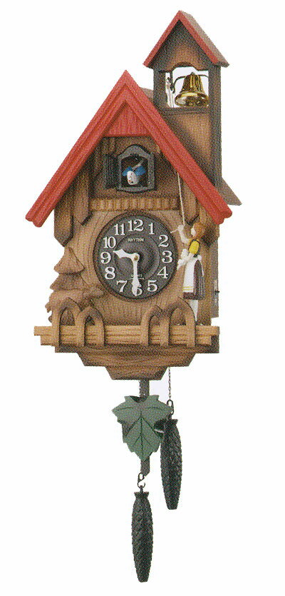 いつもの時間にいつもの鳴き声のハト時計　リズム時計（RHYTHM）のカッコークロック　4MJ732RH06 カッコーチロリアンR 掛時計（はと時計） 毎正時になるとカッコーが扉を開け数取りをします。 報時と同時に人形がヒモを引いて鐘型の鈴を鳴らします。 30分に1回鳴ります ＊通常は扉を閉じカッコーは見えていません。 鳴り止めスイッチつきです。（鳴るか鳴らないかの設定のため夜だけ自動で鳴らなくするなどは出来ません） 飾り振子、飾り重鎮付です 彩色仕上げの木枠 ■カッコーの泣き声はふいご式です ■裏面名入れスペース（タテ110×ヨコ110mm：木地） ■電池式 ■単一乾電池×1個 ■縦650mm（重鎮含まず）×横311mm×厚み165mm×重さ1.8kg ■メーカーの正規国内保証書付き（1年間保証）