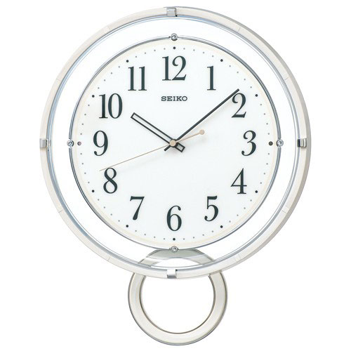 セイコー SEIKO 電波時計 PH205W　壁掛け時計 時の流れをゆっくりと感じさせる上品な装いの振り子時計 1秒刻みのステップ秒針のかけ時計ですが、お部屋が暗くなると秒針のみ運針を止める「おやすみ秒針」を採用していますので秒針の動く音が...