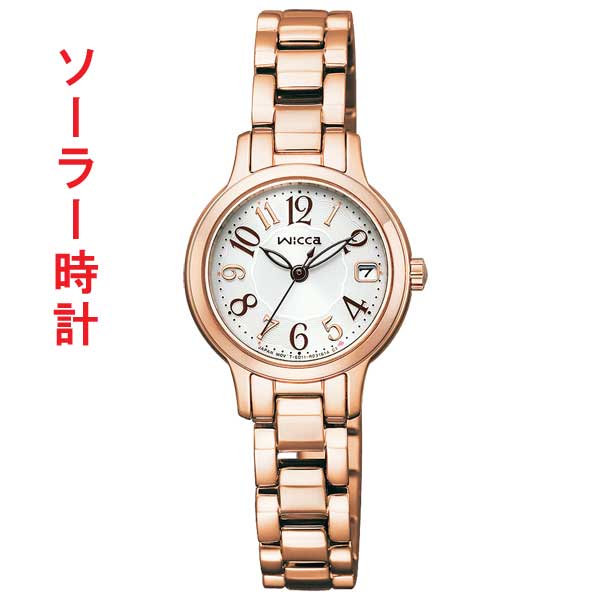 ギフト対応についてシチズン　ウィッカ　CITIZEN Wicca　レディース　ソーラー 腕時計 KH4-963-13 ソーラーテック フレッシャーズにもぴったりの可愛らしさと視認性を両立した、デイト付きのベーシックなモデル 大きめのアラビア数字は視認性バツグン 文字板の外周部分にさりげなく描かれたお花のパターンが華やかさを演出します 時分針は夜光付きで、暗い場所でも時刻がしっかり確認できます 「素敵なご縁がありますように」と「合格」の2つの意味を込めて、5時位置にさりげなくハートのマークをあしらっています。 ケース素材：ステンレススチール ケース表面処理：めっき(ピンクゴールド色) ■プッシュ式三つ折中留め ■光発電 ■光発電約6ヶ月（フル充電時） ■月差±15秒 ■5気圧防水 ■クリスタルガラス ■カレンダー（日付）機能 ■夜光（蓄光塗料）：針 ■バンド幅10mm ■幅24mm×厚み7.3mm ■バンド調整可能サイズ：130〜180mm ・充電警告機能 ・過充電防止機能 ・クイックスタート機能 ・フル充電時約6ヶ月可動 ・日付表示 ・シンプルアジャスト ■メーカーの正規国内保証書付き（1年間保証）