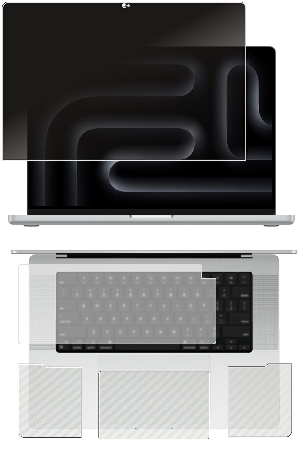 【4点セット(画面+パームレスト+タッチパッド+キーボードカバー)】MacBook Pro 16 M4 2024 / M3 2023 用 [N40] 4way のぞき見防止 プライバシー保護 液晶 保護 フィルム ＋ カーボン調 保護フィルム ★ アップル マックブック プロ エムスリー