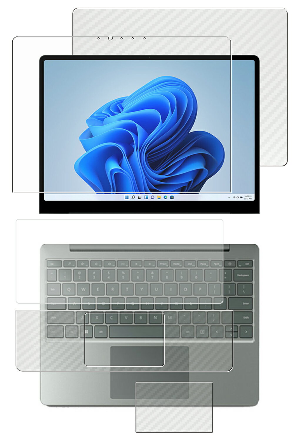 【5点セット(画面+天板+パームレスト+タッチパッド+キーボードカバー)】Microsoft Surface Laptop Go 3 / 2 用 [N35] 超撥水 すべすべタッチ 抗菌 クリア タイプ 液晶 保護 フィルム ＋ カーボン調 天板 保護フィルム ★(2)