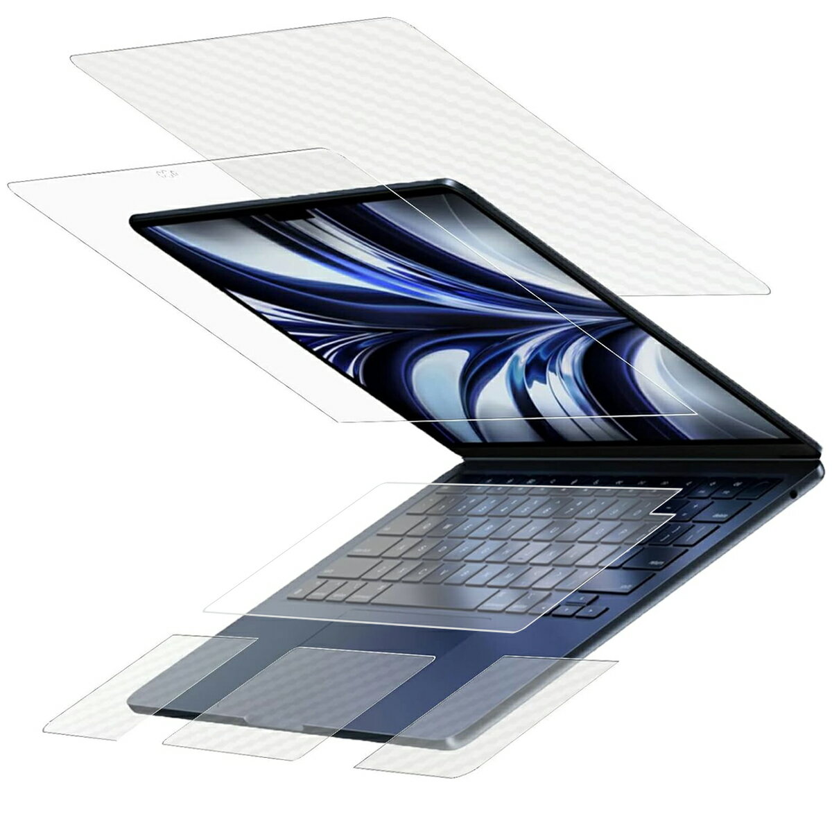【5点セット(画面+天板+パームレスト+タッチパッド+キーボードカバー)】 MacBook Air 13.6 2022 M2用 液晶 保護 フィルム 清潔 目に優しい アンチグレア ブルーライトカット タイプ + カーボン調 保護フィルム ★