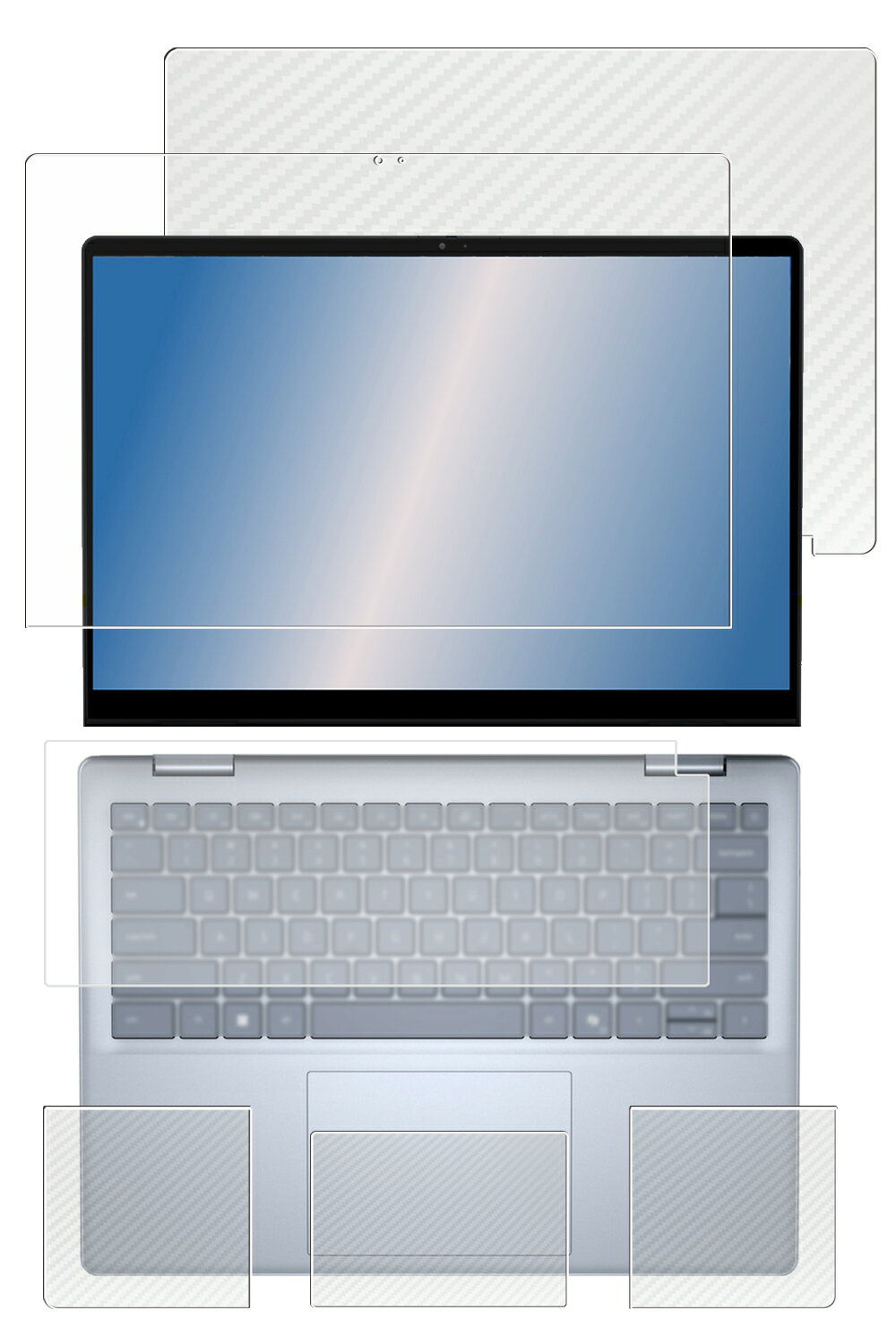 【5点セット(画面+天板+パームレスト+タッチパッド+キーボードカバー)】Dell Inspiron 14 2-in-1 7440 / 7445 2024年モデル 用 [N35] 抗菌 抗ウイルス 防指紋 クリア 液晶 保護 フィルム ＋ カーボン調 保護フィルム ★