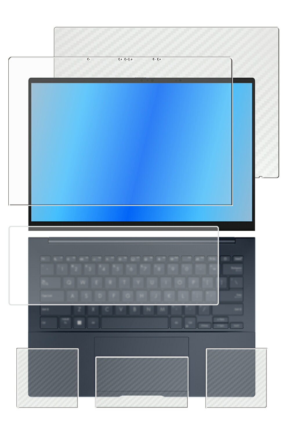 【5点セット(画面+天板+パームレスト+タッチパッド+キーボードカバー)】ASUS Zenbook 14 OLED UX3405 2024年タッチモデル 用 [N35] 高硬度 9H アンチグレア タイプ 液晶 保護 フィルム ＋ カーボン調 保護フィルム ★