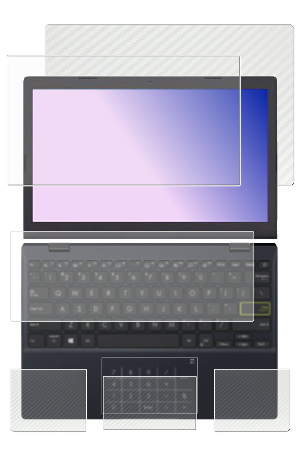 【5点セット(画面+天板+パームレスト+タッチパッド+キーボードカバー)】ASUS Vivobook Go E210KA 2024年モデル 用 [N30] 高硬度 9H アンチグレア タイプ 液晶 保護 フィルム ＋ カーボン調 保護フィルム ★