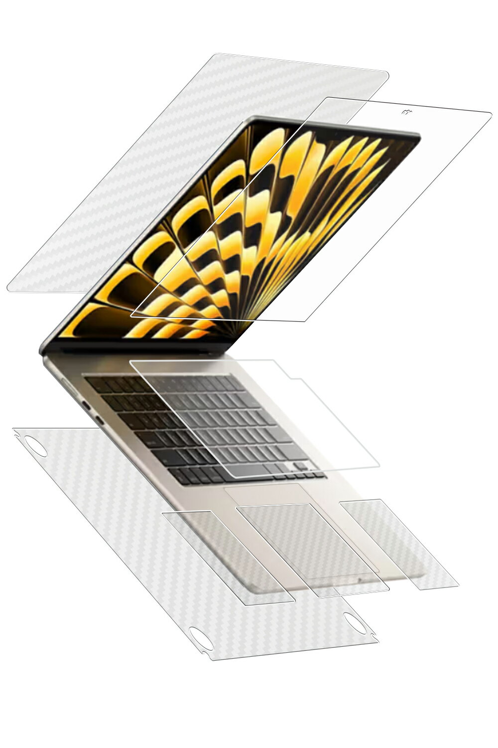 【6点セット(画面+天板+底面+パームレスト+タッチパッド+キーボードカバー)】 MacBook Air 15.3インチ 2023 M2用 液晶 保護 フィルム 超撥水 すべすべ 抗菌 抗ウイルス タイプ + 底面 マット 反射低減 保護フィルム + カーボン調 クリア 保護フィルム ★