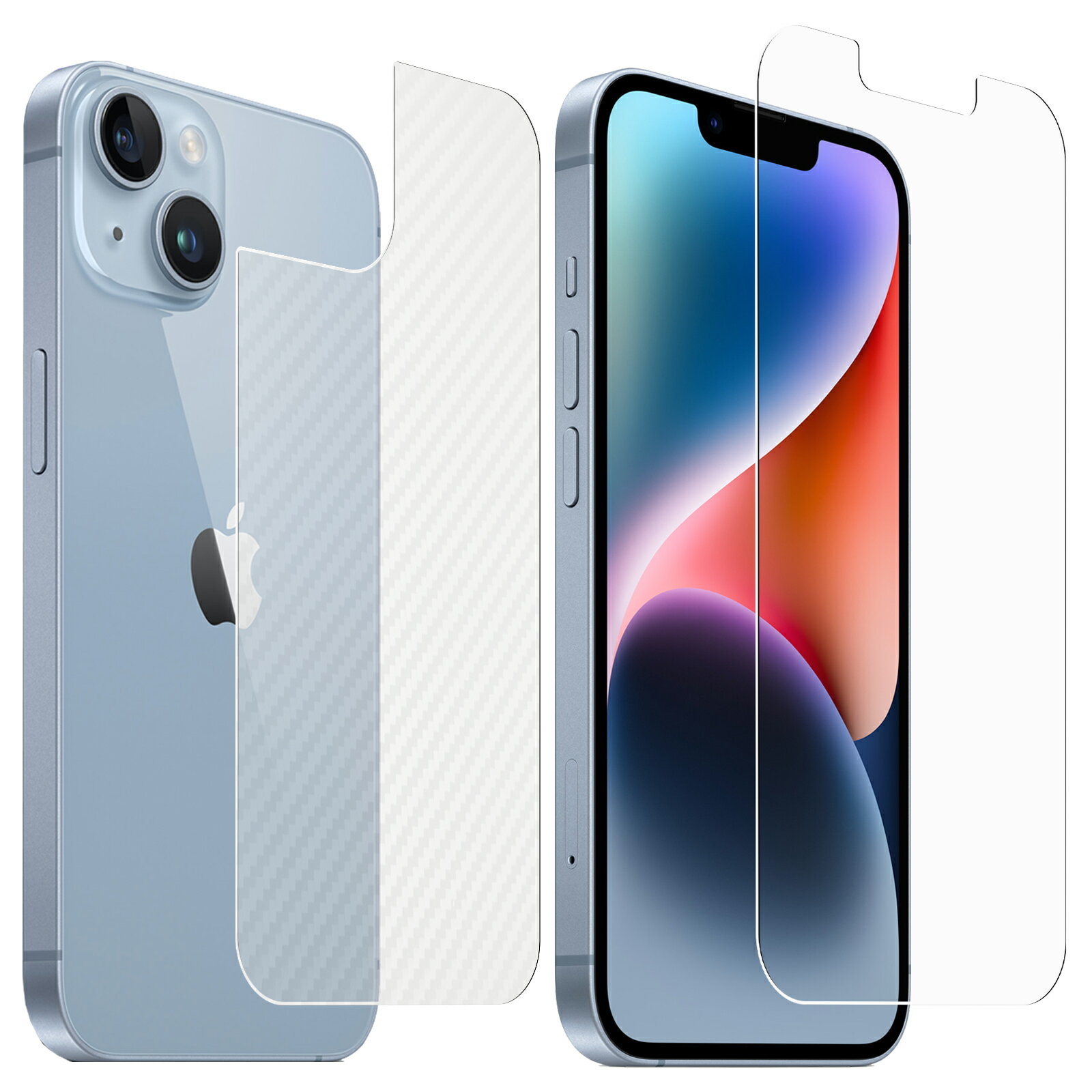 【2枚組(画面+背面)】Apple iPhone 14 Plus 用 防指紋 クリア タイプ 液晶 保護 フィルム + カーボン調 背面 保護フィルム ★ アップル アイフォーン マックス