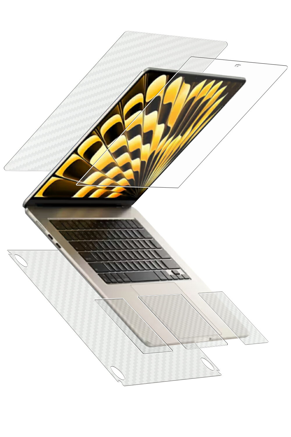 【5点セット(画面+天板+底面+パームレスト+タッチパッド)】 MacBook Air 15.3インチ 2023 M2用 抗菌 抗ウイルス 防指紋 液晶 保護 フィルム + 天板・底面・パームレスト・タッチパッド カーボン調 クリア 保護フィルム ★ アップル マックブック エアー エムツー