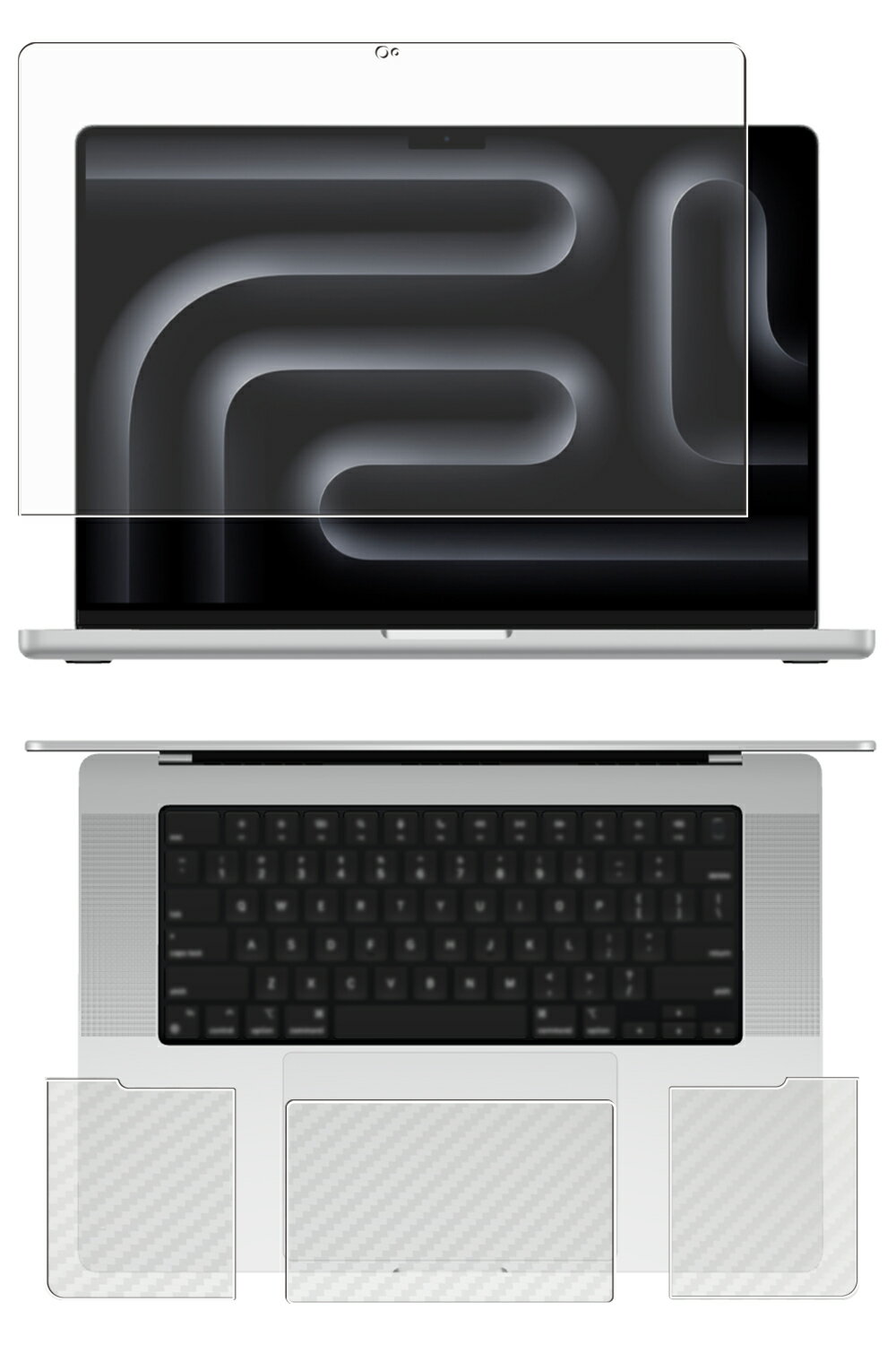【3点セット(画面+パームレスト+タッチパッド)】MacBook Pro 16 M4 2024 / M3 2023 用 [N40] マット 反射低減 タイプ 液晶 保護 フィルム ＋ カーボン調 保護フィルム ★