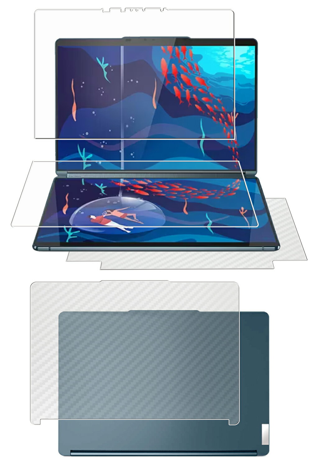 【4枚組(画面+サブディスプレイ+天板+底面)】Lenovo Yoga Book 9i Gen 8 13.3インチ 2023年モデル 用 [N35] 超撥水 すべすべタッチ 抗菌 クリア タイプ 液晶 保護 フィルム ＋ カーボン調 天板 保護フィルム ★