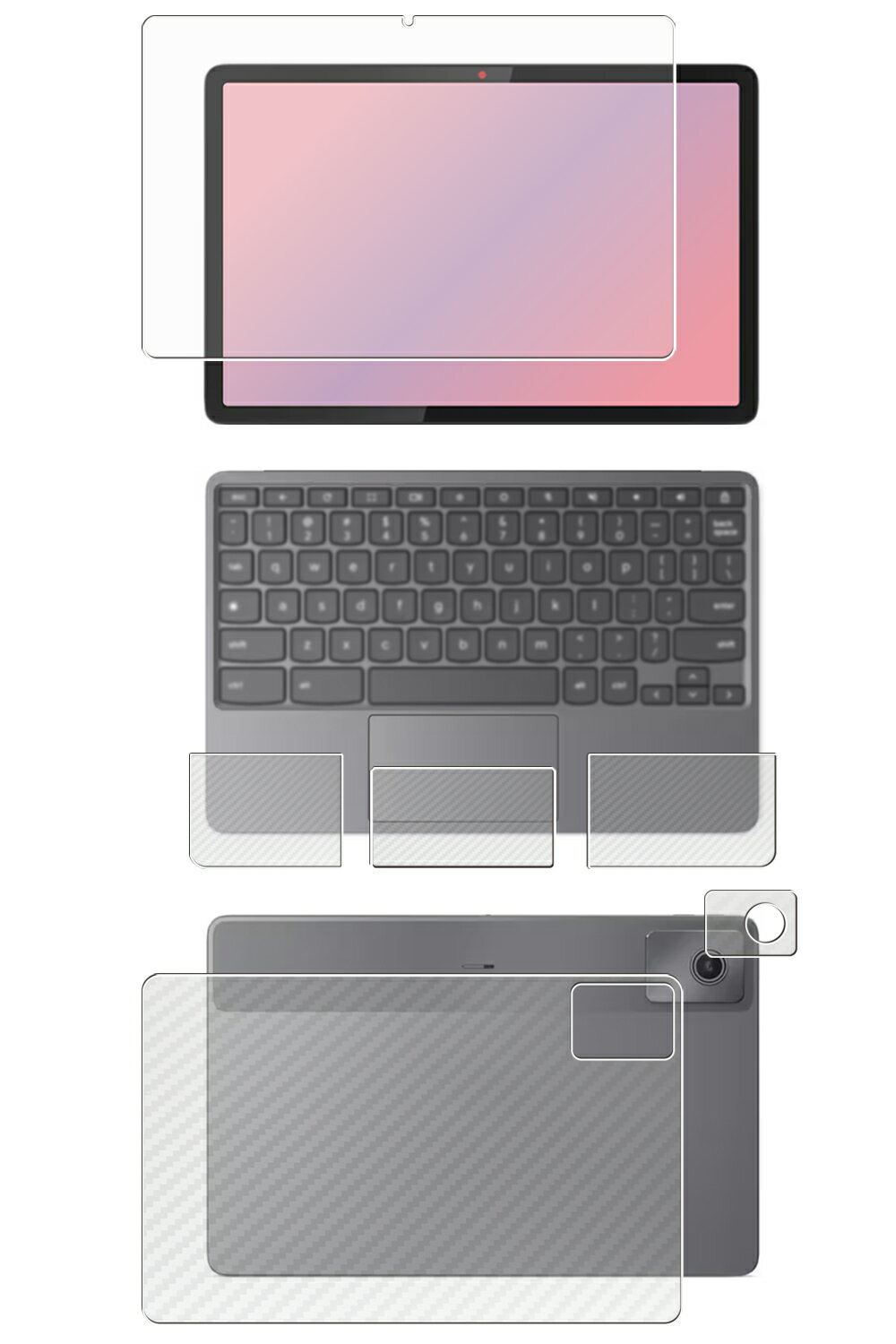 【4点セット(画面+天板+パームレスト+タッチパッド)】Lenovo Chromebook Duet Gen 9 10.95型 2024年モデル 用 [10] AR/マット ハイブリッド 高機能 反射低減 保護フィルム ＋ カーボン調 保護フィルム ★