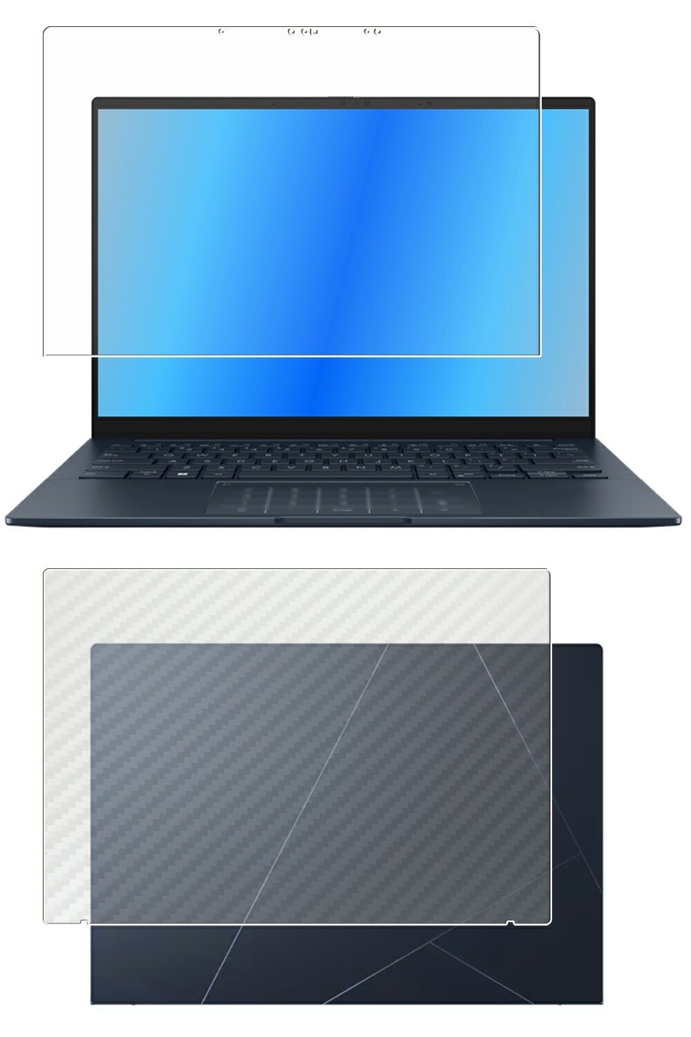 【2枚組(画面+天板)】ASUS Zenbook 14 OLED UX3405 2024年タッチモデル 用 [N35] 抗菌 抗ウイルス 防指紋 クリア 液晶 保護 フィルム ＋ カーボン調 天板 保護フィルム ★ エイスース ゼンブック フォーティーン オーレッド