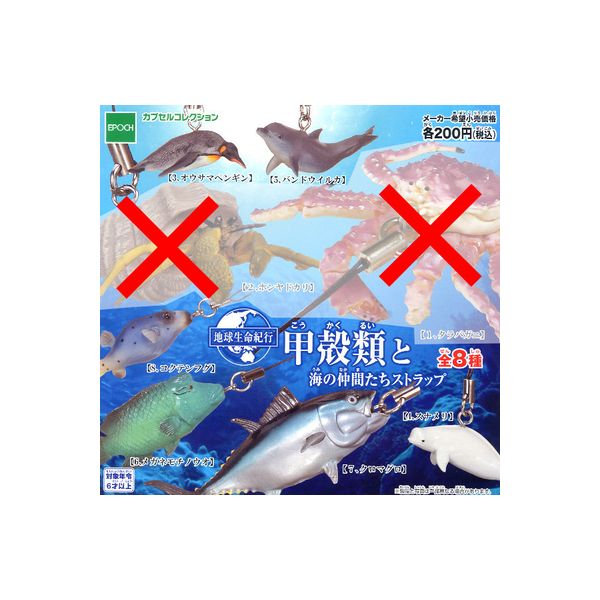 地球生命紀行甲殻類と海の仲間たちストラップより6種エポック社イルカ／ペンギン／フグ／スナメリ／マグロカプセルコレクションガチャポン　ガシャポン　ガチャガチャ