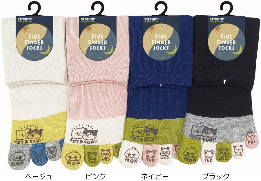 Five-Toed Socks - 5本指ソックス レディース クルー丈 1週間アニマル つま先表素材綿100％ かわいいお洒落五本指靴下