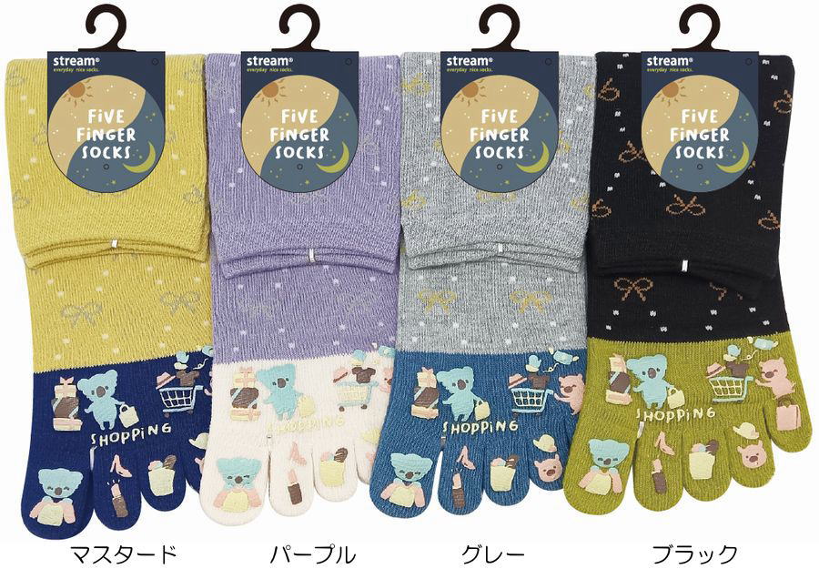 乐天商城 - 5本指ソックス レディース クルー丈 買い物ブタコアラ つま先表素材綿100％ かわいいお洒落五本指靴下