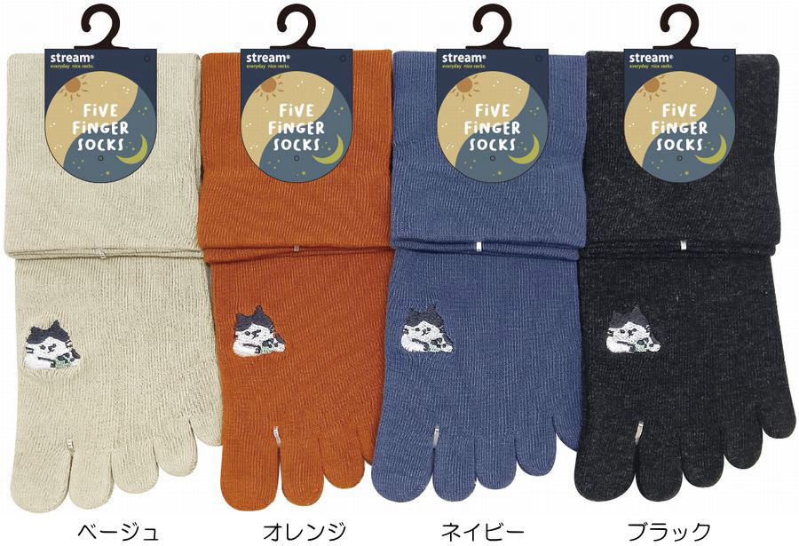 Five-Toed Socks - 5本指ソックス レディース クルー丈 ネコ刺繍 かわいい5本指ソックス 洒落五本指靴下