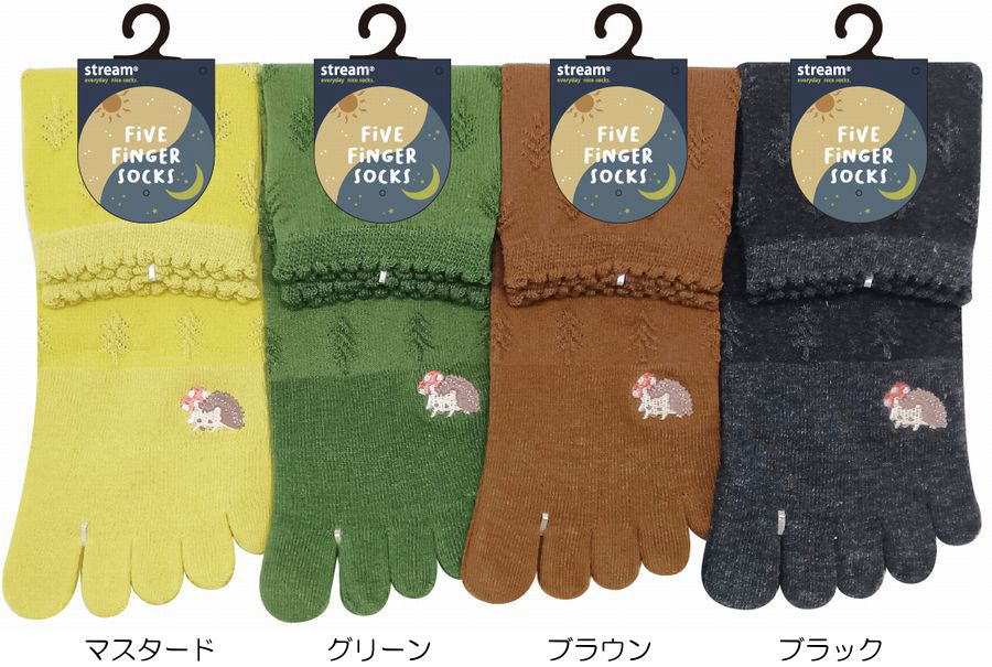 5本指ソックス レディース クルー丈 ハリネズミ刺繍 かわいい5本指ソックス 洒落五本指靴下