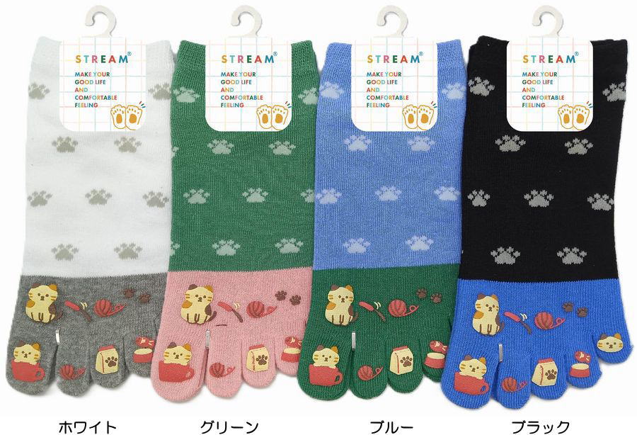 Five-Toed Socks - 5本指ソックス スニーカーくるぶし丈 レディース ねこの好きなもの 5本指靴下