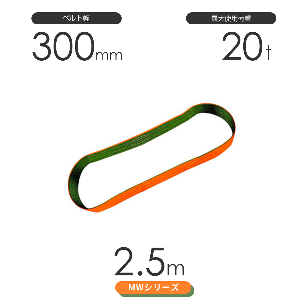 日本製のナイロンスリング 丸善織物のMWシリーズ（2色） エンドレス形（N型）幅300mm×2.5mです。 適度な伸びが吊り上げた時の衝撃を和らげる耐摩耗性に優れたナイロン素材のベルトスリングです。 ベルトは外側2層がナイロン、芯部がポリエ...