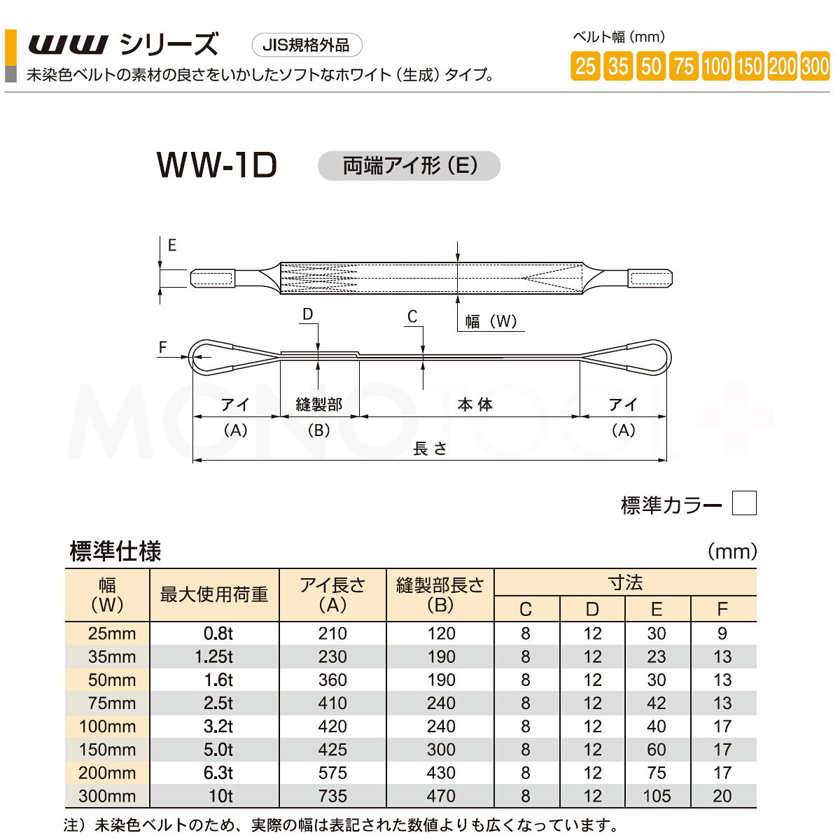 モノツール 楽天市場店の国産ナイロンスリング WWシリーズ（未染色） 両端アイ形（E型）幅200mm×7.5m 使用荷重:6.3t 丸善織物｜アングル2