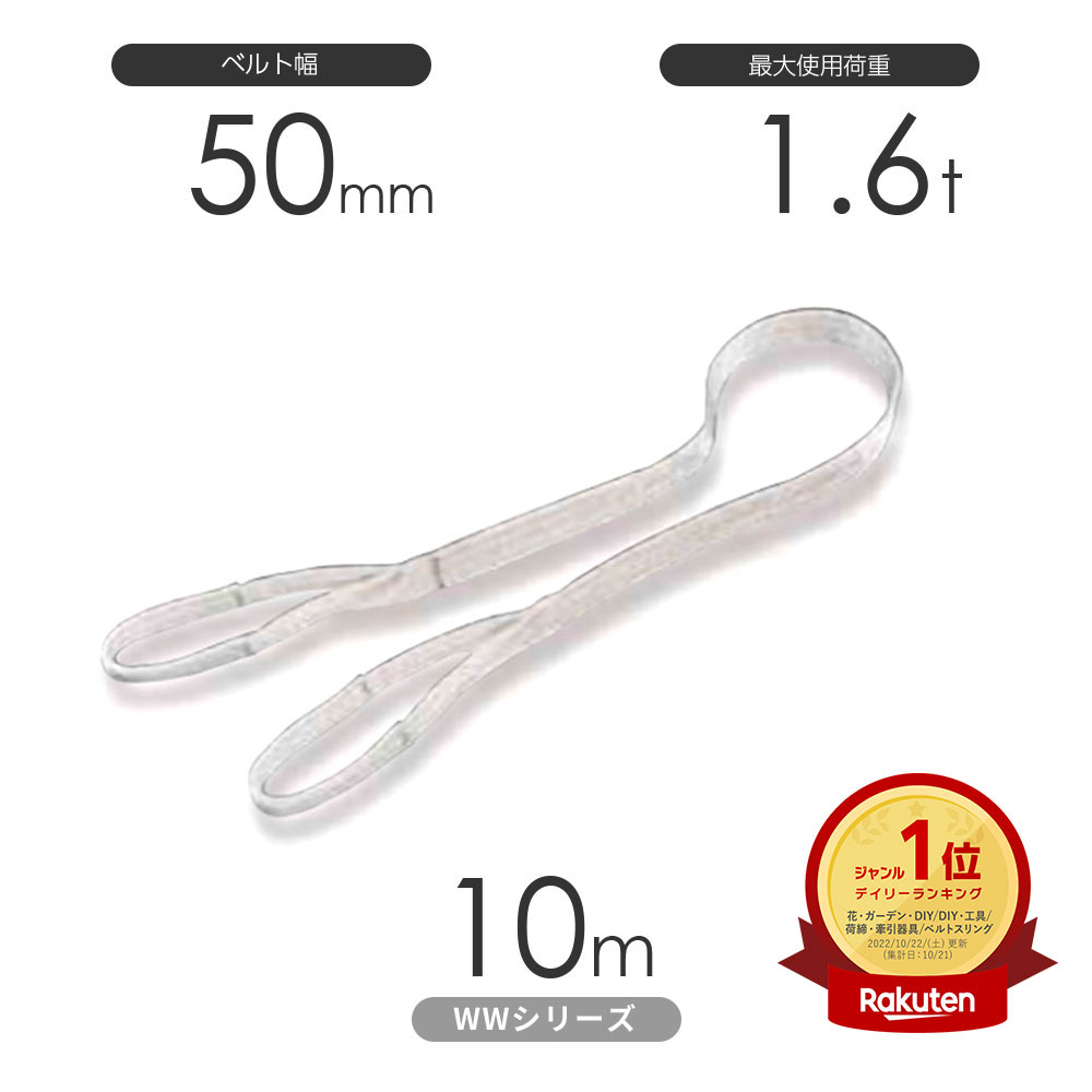 国産ナイロンスリング WWシリーズ（未染色） 両端アイ形（E型）幅50mm×10m 使用荷重:1.6t 丸善織物