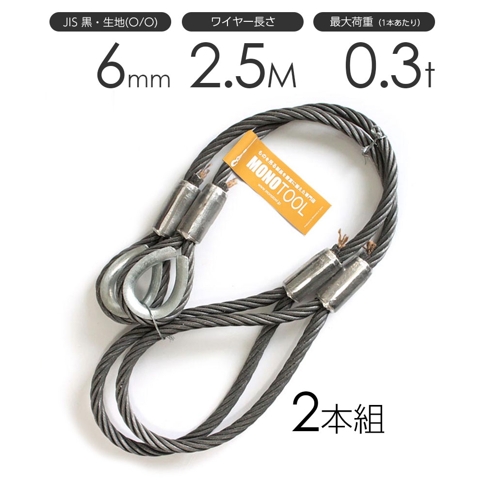 Rakuten - 玉掛けワイヤーロープ 2本組 片シンブル・片アイ 黒(O/O) 6mmx2.5m JISワイヤーロープ