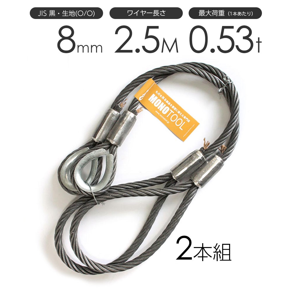 Rakuten - 玉掛けワイヤーロープ 2本組 片シンブル・片アイ 黒(O/O) 8mmx2.5m JISワイヤーロープ