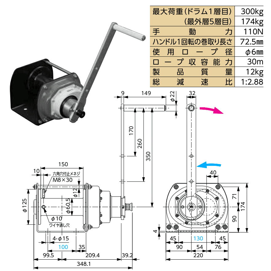 富士製作所 ポータブルウインチ SSW-300N 定格荷重300kg ステンレスウインチ