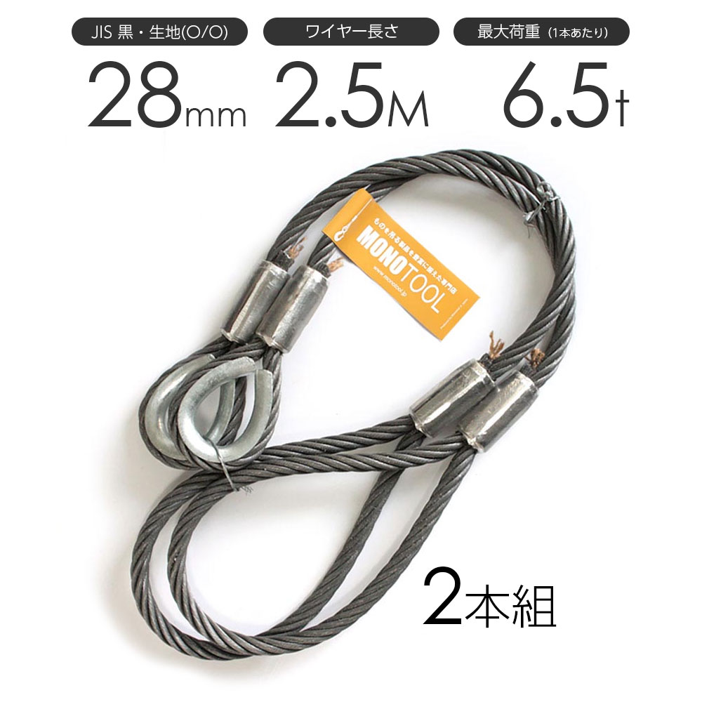 Rakuten - 玉掛けワイヤーロープ 2本組 片シンブル・片アイ 黒(O/O) 28mmx2.5m JISワイヤーロープ
