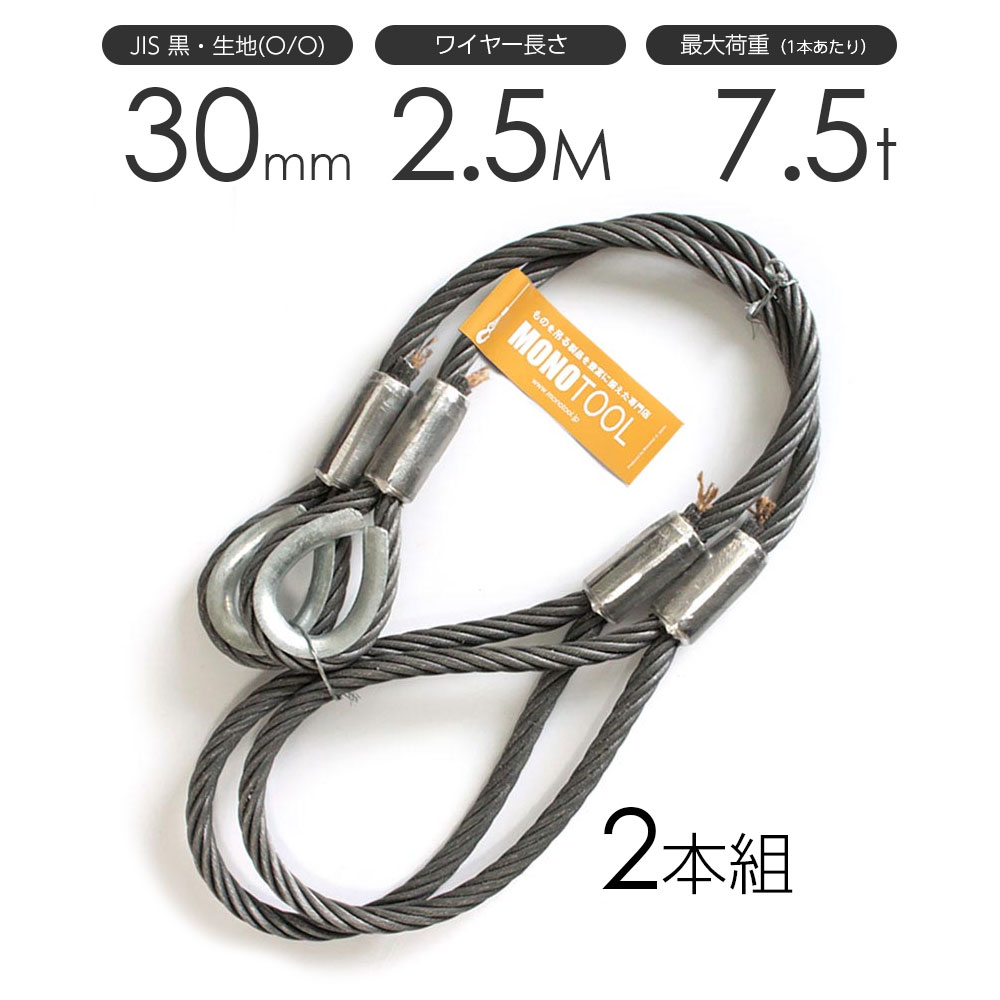 Rakuten - 玉掛けワイヤーロープ 2本組 片シンブル・片アイ 黒(O/O) 30mmx2.5m JISワイヤーロープ
