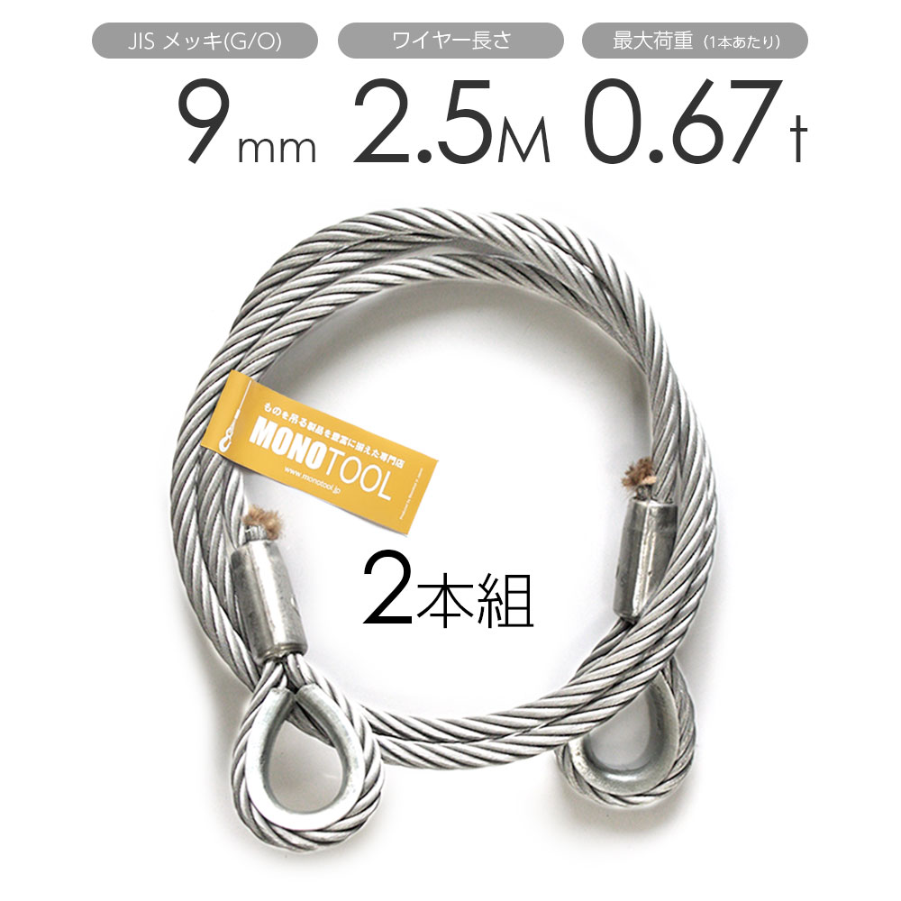 玉掛けワイヤー 2本組 両シンブル メッキ 9mmx2.5m