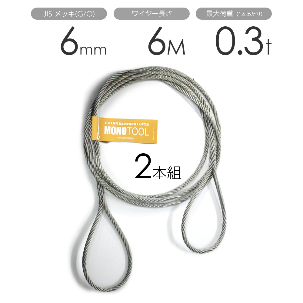 編み込みワイヤー JISメッキ(G/O) 6mm（2分）x6m 玉掛けワイヤーロープ 2本組 フレミッシュ 玉掛ワイヤ..