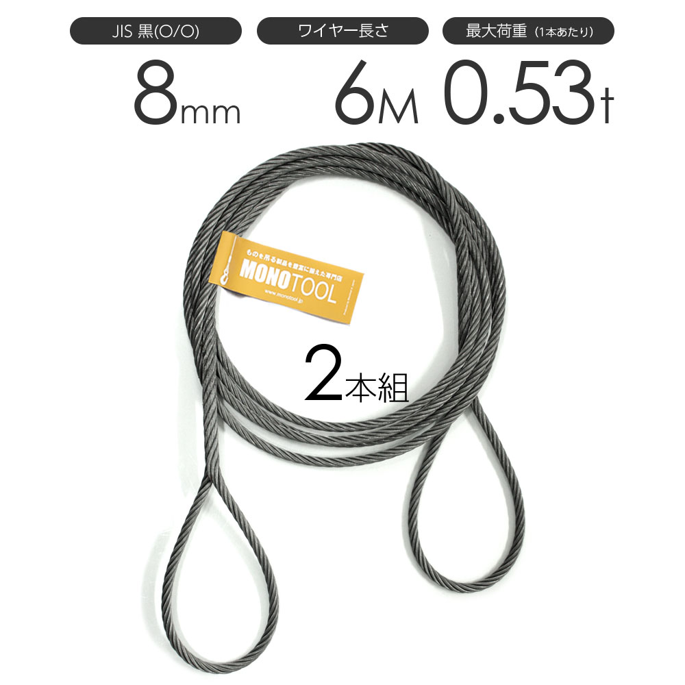 編み込みワイヤー JIS黒(O/O) 8mm（2.5分）x6m 玉掛けワイヤーロープ 2本組 フレミッシュ 玉掛ワイヤー..