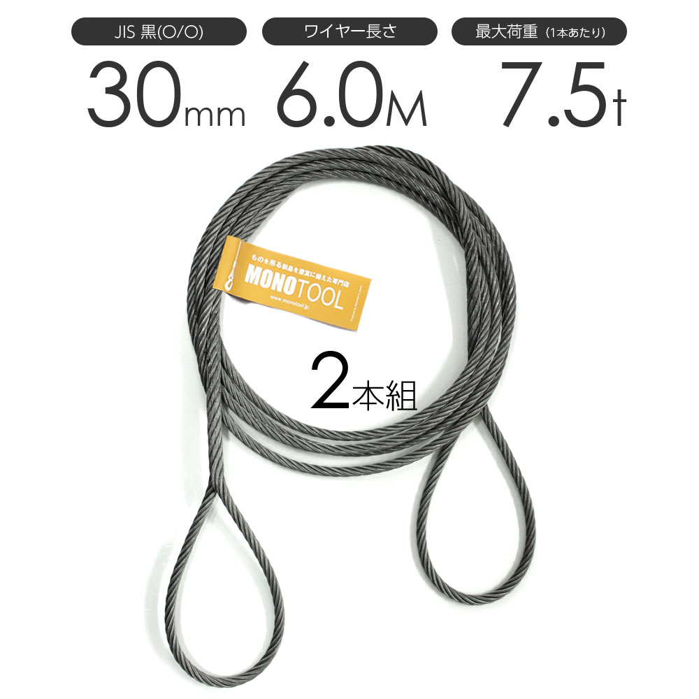 編み込みワイヤー JIS黒(O/O) 30mm（10分）x6m 玉掛けワイヤーロープ 2本組 フレミッシュ 玉掛ワイヤー..