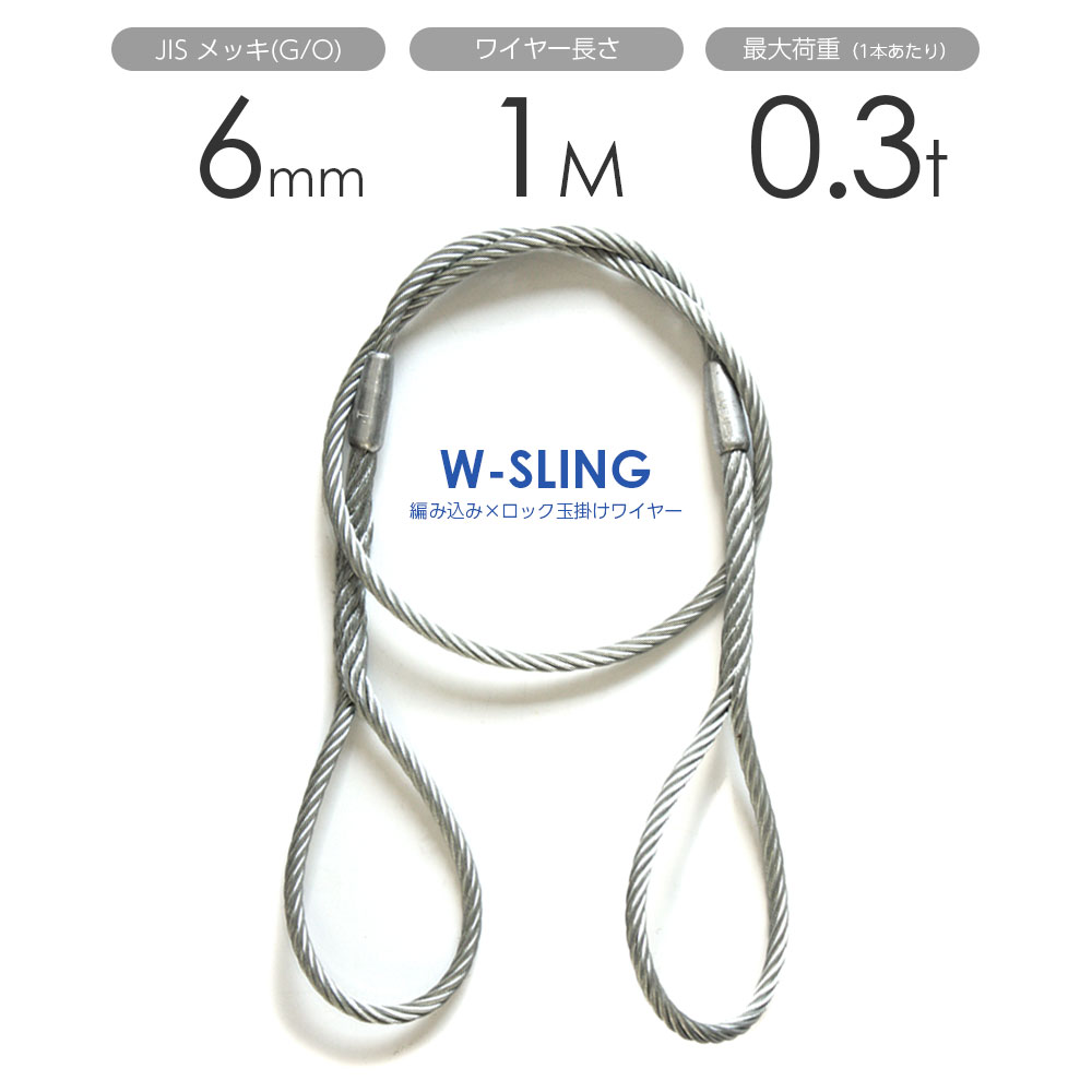 ダブルスリング Φ6mmx1m ヒゲなし 玉掛けワイヤーロープ メッキ 1本