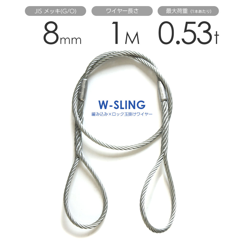 樂天商城 - ダブルスリング Φ8mmx1m ヒゲなし 玉掛けワイヤーロープ メッキ 1本