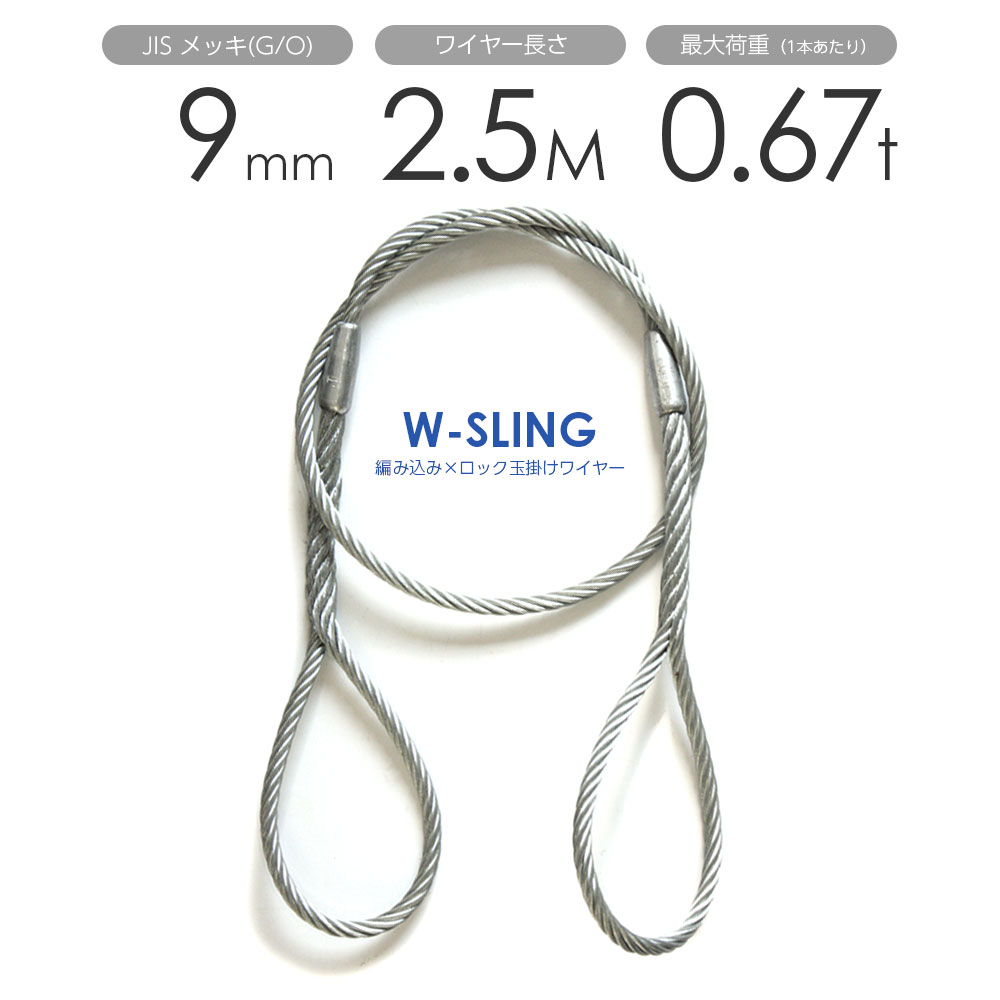 ダブルスリング Φ9mmx2.5m ヒゲなし 玉掛けワイヤーロープ メッキ 1本