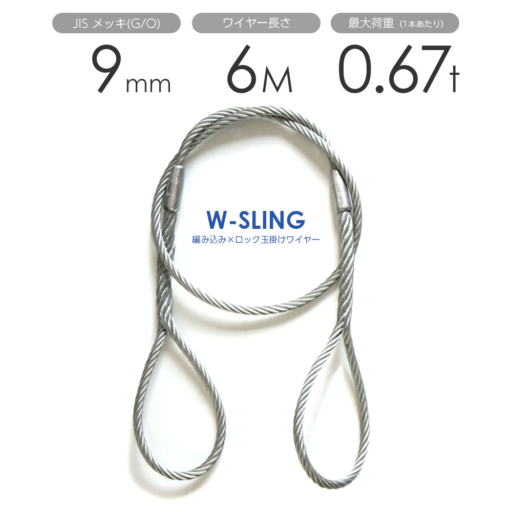 ダブルスリング Φ9mmx6m ヒゲなし 玉掛けワイヤーロープ メッキ...