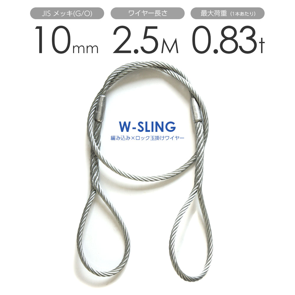 ダブルスリング Φ10mmx2.5m ヒゲなし 玉掛けワイヤーロープ メッキ 1本