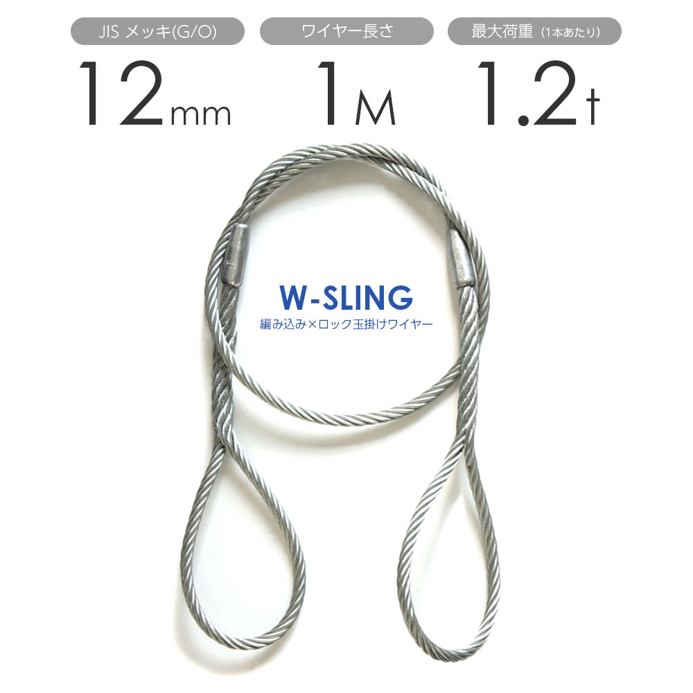 ダブルスリング Φ12mmx1m ヒゲなし 玉掛けワイヤーロープ メッキ 1本