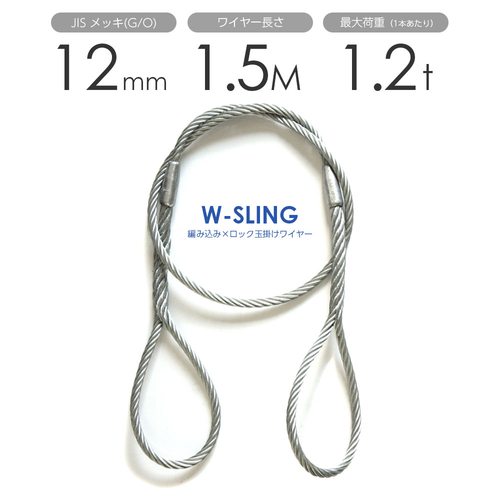 ダブルスリング Φ12mmx1.5m ヒゲなし 玉掛けワイヤーロープ メッキ 1本