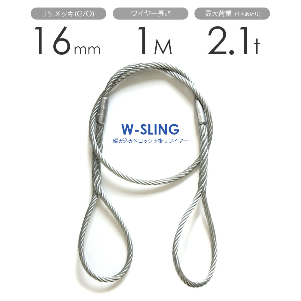 ダブルスリング Φ16mmx1m ヒゲなし 玉掛けワイヤーロープ メッキ 1本