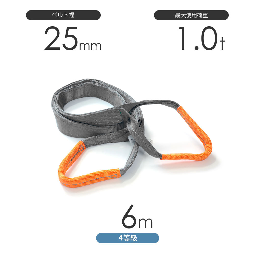 純国産4等級ベルトスリング AQスリング 両端アイ形（E型）幅25mm×6m 使用荷重:1.0t 灰色 強力ベルトスリング 4E