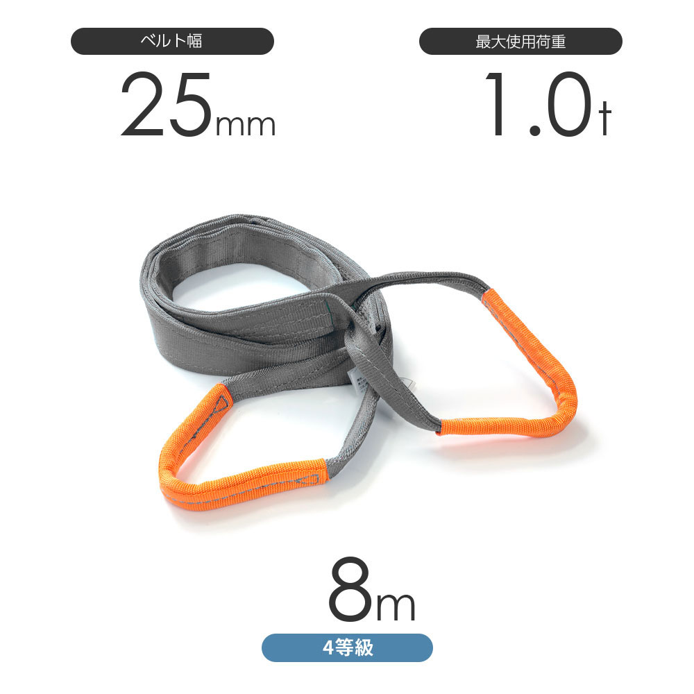 樂天商城 - 純国産4等級ベルトスリング AQスリング 両端アイ形（E型）幅25mm×8m 使用荷重:1.0t 灰色 強力ベルトスリング 4E