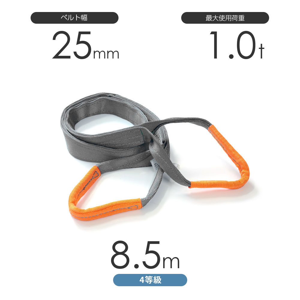 純国産4等級ベルトスリング AQスリング 両端アイ形（E型）幅25mm×8.5m 使用荷重:1.0t 灰色 強力ベルト..
