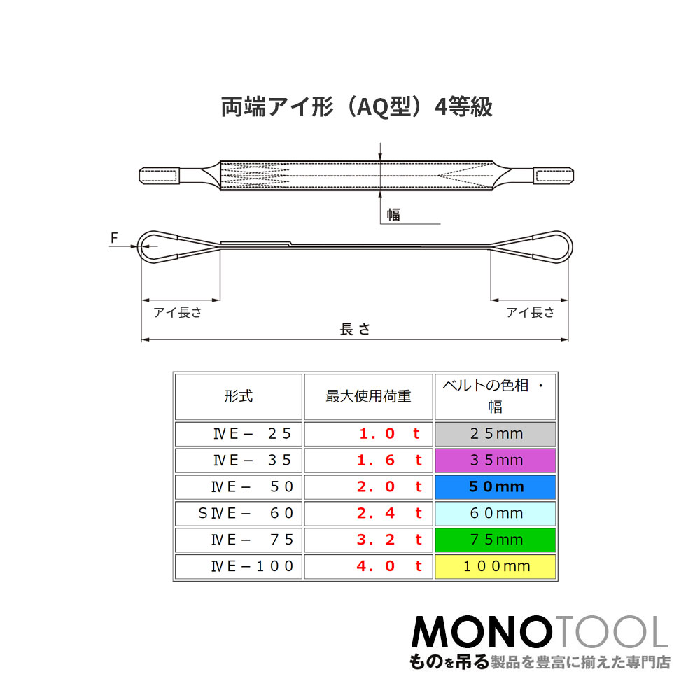 純国産4等級ベルトスリング AQスリング 両端アイ形（E型）幅35mm×7m 使用荷重:1.6t 紫色 強力ベルトスリング 4E 3